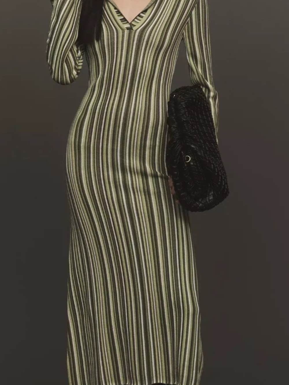 Simon Miller Olive and Black Striped V‑Neck Long Sleeve Maxi Dress